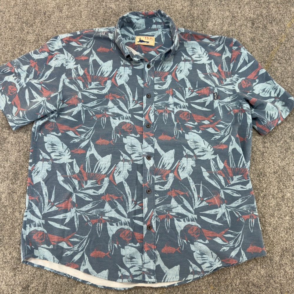 Huk Performance Fishing Tropical Fish Print Button Down Shirt Blue Size L
